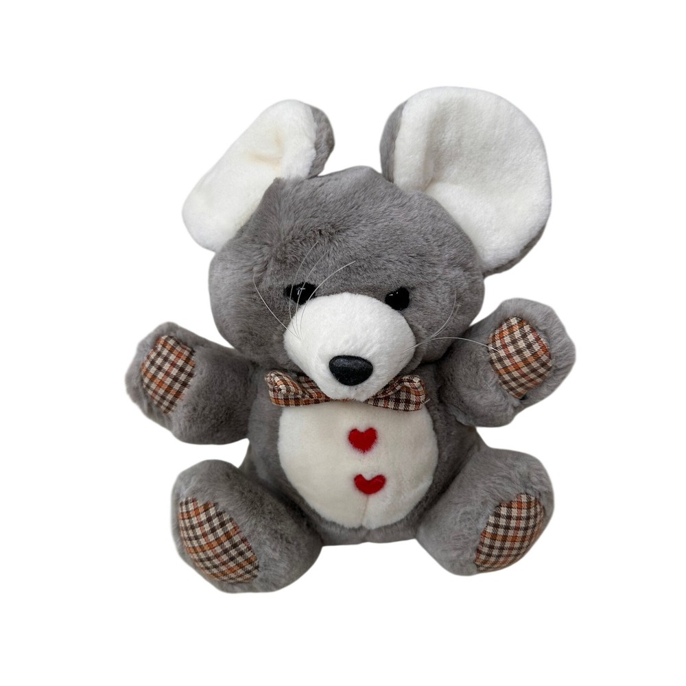 Mouse Plush Stuffed Animal Grey White Plaid Hearts Lovey Kids Toy‎ Nursery Decor